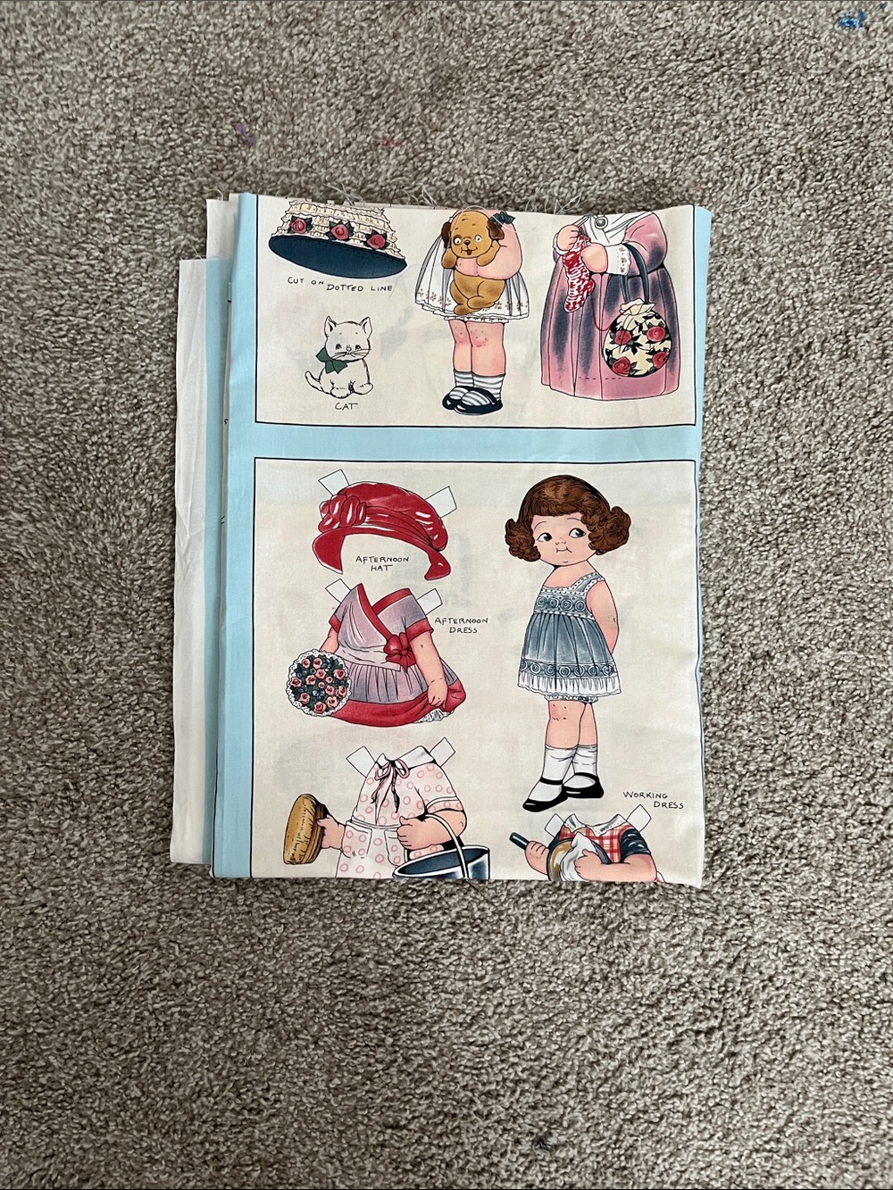 Vintage Paper Doll fabric with Blue and Red Illustrations